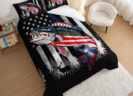 HOSIMA Soft Microfiber Black King Size Comforter Set with 2 Pillowcases,American Flag Striped Bass Pattern Bedding Sets,Fishing Comforter Kids Men Boys Room Decor,Room Essentials for Men.