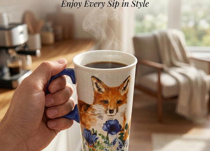 TZSSP 17oz Ceramic Travel Mug with Flip Lid & Handle, Red Fox & Blue Poppy