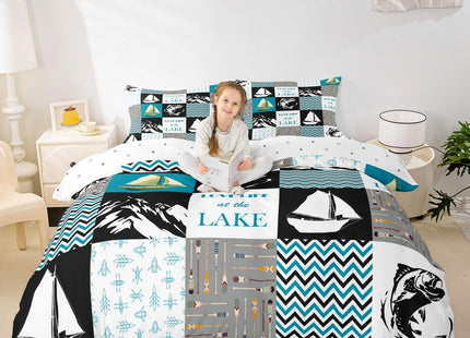 Lake House Duvet Cover Full Size,Retro Sailboat Fishing Comforter Cover Geometric Plaid Ripple Patchwork Bedding Set Rustic Farmhouse Bedspread Cover For Kids Boys Teens,Blue Black White,Corner Ties