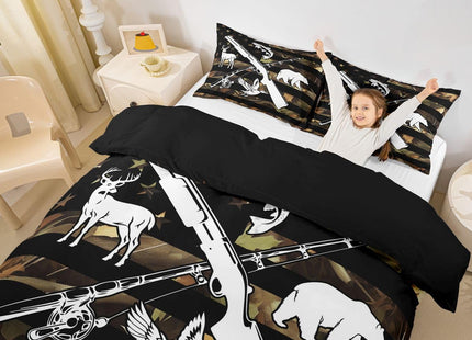 Erosebridal Hunting and Fishing Duvet Cover Wildlife Fish Duck Deer Bear Twin Bedding Sets for Boys Men,Camo American Flag Comforter Cover Rustic Trees Leaves Camouflage Bed Set with 1 Pillow Case