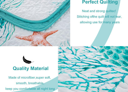 DJY Coral Jellyfish Quilt Queen Size Coastal Beach Bedspread Coverlet Set