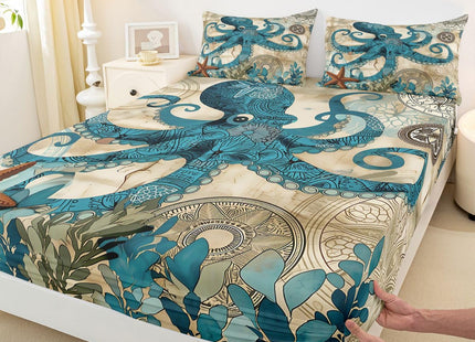 Octopus Bedding Ocean Bed Sheet Set Teal Mystic Kraken Mediterranean Style Design Teal Animal Bedding Sets Octopus Kids Sheet Set for Twin Size Skull Fitted Sheet and Flat Sheet,Marine 1 Pillowcase