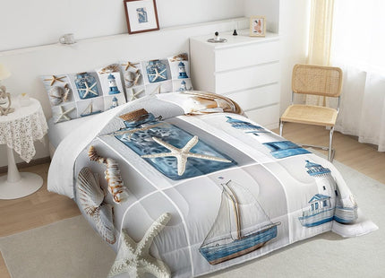 Erosebridal Nautical Comforter Set, Beach Theme Duvet Sets Twin Size, Marine Sail Boat Bedding Set for Kids Boys Girls Teens, Lighthouse Pearl Quilted Duvet for Living Room Decor