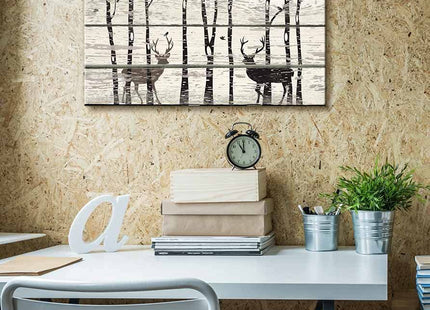 wall26 - Deer in Birch Forest Wood Cut Print Artwork - Rustic Canvas Wall Art Home Art - 12x18 inches