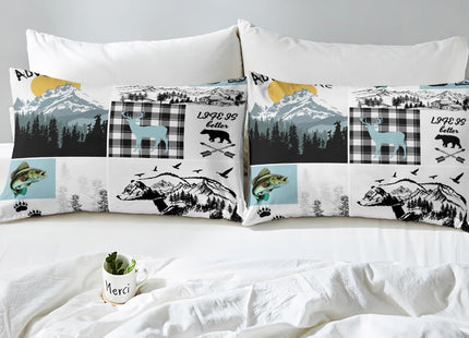 Cabin Bear Deer Bedding Sets Full,Hunting Fishing Bass Fish Bed Sheets Rustic Farmhouse Buffalo Check Plaid Sheet Set For Boys Adults Men,Wild Animal Fitted Sheet Grey Blue Flat Sheet 2 Pillow Cases
