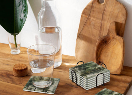 Misty Pine Tree Square Ceramic Coasters Set of 6 Pack, Mountain Green Forest Landscape Foggy Botany Stone Drink Coaster with Cup Holder Anti-Scratc Cork Backing Bar Kitchen Home Housewarming Gift