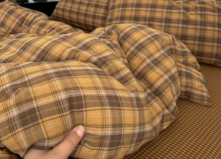 CCoutueChen Brown Gingham Comforter Set Full Size, Tan Plaid Checked Bedding Set, Cabin Lodge Ultra Soft Lightweight Comforter, 3 Pieces, 79 * 90