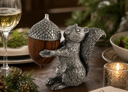 Vagabond House Pewter Squirrel with Wood Acorn Salt and Pepper Shaker Set Fall Harvest Tableware 3 inch Tall
