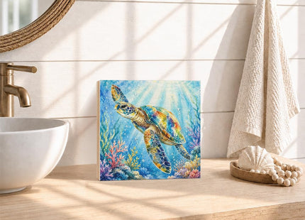 PISHOVI Ocean Turtle Wooden Box Sign, Rustic Sea Turtle Shelf Decoration