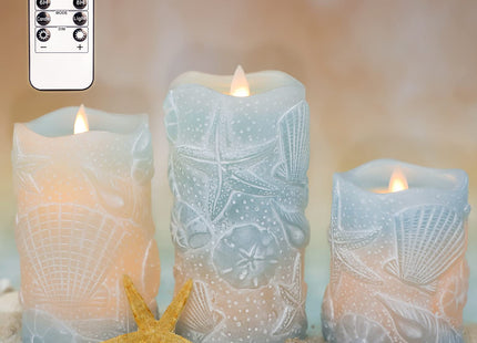 Silverstro Ocean Flameless Candles with Remote Carved Seashell Real Wax Flicker Battery Operated Candles for Home Party Wedding Nautical Summer Christmas Decor - Set of 3(Blue)