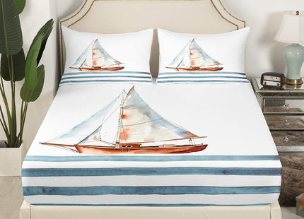 Feelyou Sailboat Printed Sheet Set Nautical Decor Bed Sheets for Kids Boys Girls Sea Adventure Bed Set Ocean Themed Modern Sheets Bedroom Collection 3Pcs Twin Size