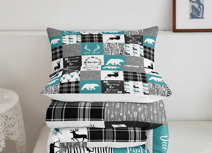 Bear Comforter Set Full Farmhouse Decor,Deer Moose Jungle Wild Animal Western Bedding Set for Girls Boys,Teal Grid Buffalo Checkered Plaid Down Comforter,Tribal Hunting Arrow Cabin Barn Door Quilt