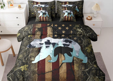 Feelyou American Flag Bear Cabin Comforter Set King Size Kids Boys Girls