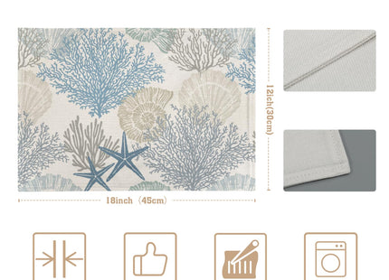 Nautical Coastal Placemats Set of 4 18x12 Inch Summer Beach Themed Linen Place Mats Heat-Resistant Washable Wipeable Seashell Starfish Coral Table Mat for Party Kitchen Dining Room Dinner Table Decor