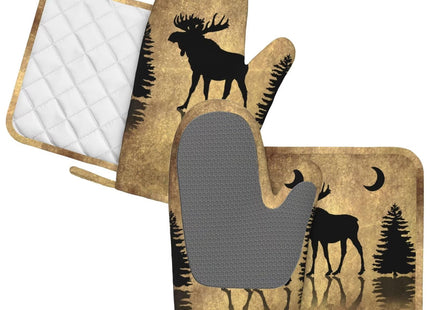 MIFSOIAVV Rustic Elk Moose Deer Forest Pine Tree Moon Design Oven Mitts and Pot Holders Sets Silicone Moose Kitchen Mitts Potholders Heat Resistant 4Pcs Moose Oven Gloves Hot Pads for Kitchen