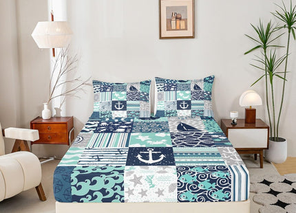 Ocean Nautical Sheet Sets Twin Size,Navy Blue Patchwork Plaid Stripes Bedding Set for Kids Teens Boys Bedroom Decor Anchor Rudder Print Bed Sheet Whale Octopus Sealife Fitted + Flat Sheet 3pcs