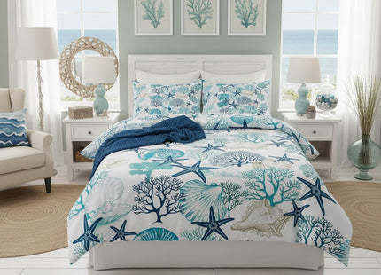 Homewish Coastal Style Bedding Sets Full Size,Shell Coral Starfish Duvet Cover Set 3Pcs for Kids Girls Boys Teens Room Decor,Ocean Beach Comforter Cover Sea Blue Nautical Quilt Cover,2 Pillowcases