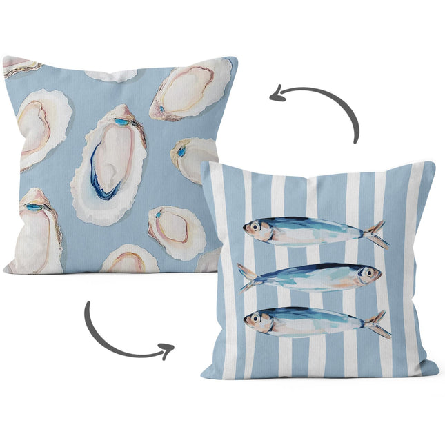 HIWX Blue Coastal Beach Sardine Fish Oyster Pillow Covers 18x18, Coastal Beach Room Decor, Beachy Marine Biology Decorative Pillow Covers for Couch Bed Home Bedroom Living Room Decor 1 Pack
