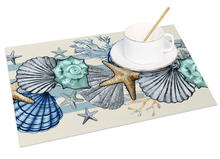 Sea Shell Starfish Beach Placemats Set of 4, 12x18 Inch Seasonal Spring Ocean Coastal Washable Linen Nautical Table Mats for Party Kitchen Dining Decoration