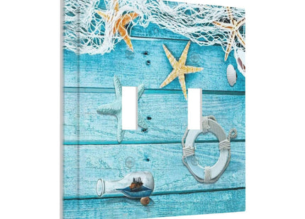 Turquoise Teal Fishing Net Wood Plank 2 Gang Double Toggle Light Switch Cover Electric Wall Plate Electrical Faceplate for Bathroom Home Living Room Jumbo Size Decor