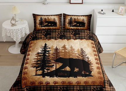 Castle Fairy Bear Print Comforter Set Queen Size,Wild Animal Hunt Pine Trees Retro Bedding Set for Women Adult,Rustic Grid Plaid Cabin Decor Luxury Bed Duvet Insert, 2 Pillowcases