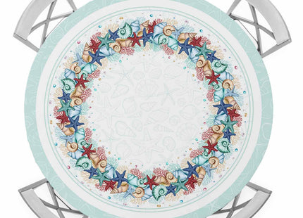 Marine Life Round Fitted Tablecloth with Elastic Ocean Teal Tablecloths Washable Summer Beach Starfish Coral Conch Table Cover for Kitchen Dinner Party Picnic Decor Fits Tables up to 36"- 44" Diameter