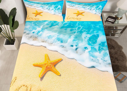 Starfish Bed Sheet Set Hawaiian Beach Fitted Sheet & Pillow Sham Set Ocean Marine Theme Bedding Set for Boys Girls Kids Summer Holiday Room Decor Sea Creatures Bed Cover No Flat Sheet Twin Size