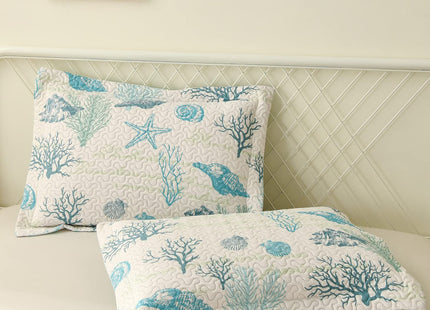 Junsey 3Pcs Ocean Theme Quilts Set Full/Queen Size Lightweight Coastal Bedding Beach Theme Bedspread Coverlet All Season Nautical Bed Sheet with 2 Pillowshams(Light Blue, Full/Queen)