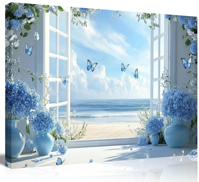 JMMOFCQY Open Window Canvas Wall Art Coastal Beach Flower Bathroom Wall Decor Blue Hydrangea Butterfly Serene Ocean Scene Decor for Living Room Bedroom Bathroom - Light Blue Relaxing Home Decor