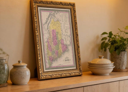 YFET A New Map of Maine, 1846 Rustic Map Decor Poster Wall Art