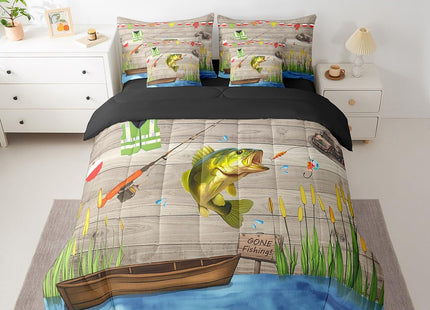 Erosebridal Go Fishing Quilt Set Rustic Farmhouse Comforter Set Twin Size Bass Fishing Bedding Set for Kids Adults Country Cabin Lake Boating Bed Duvet Set Gifts for Fisherman 2 Pcs