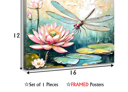 Framed Dragonfly Wall Art,Dragonfly Lotus Floral Oil Painting Wall Art
