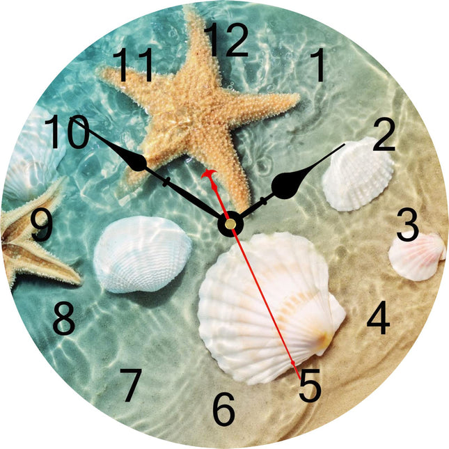 TAHEAT Beach Seashell Starfish Wall Clock, Coastal Nautical Bathroom Decor and Accessories, Silent Decorative Battery Operated Clocks for Living Room Kitchen Bedroom, 12 Inch