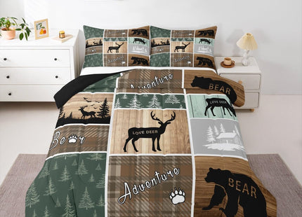 Retro Cabin Comforter Set 3Pcs, Pine Tree Buffalo Plaid Quilt Bear Deer Elk Bedding, Forest Wildlife Woodland Animals Duvet Insert Hunting Lodge Country Rustic Farmhouse Bedroom Decor, Full Size