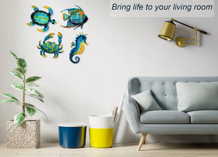 Meduofon Set of 4 Metal Outdoor Wall Art Decor, Blue Turtle Fish Crab and Seahorse Suitable for Beach Ocean Pool Decor, Metal Yard Fence Garden Children Room Bathroom Livingroom Wall Decoration