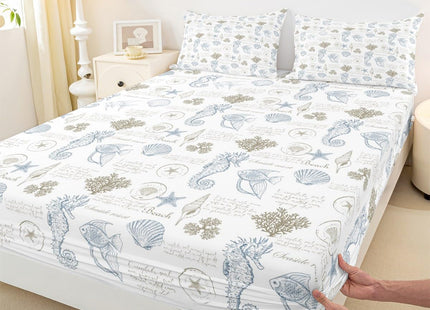 Coastal Fitted Sheet Twin Size,Beach Seashell Starfish Coral Bedding Set
