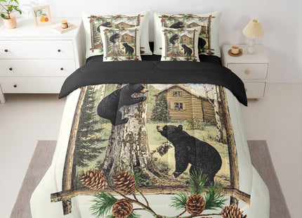 Erosebridal Black Bear Bedding Set 7 Pieces,Farmhouse Cabin Hunting Queen Comforter Set with Sheets Rustic Forest Animals Bed in a Bag for Kids Teens Men Woodland Country Lodge Bed Sets