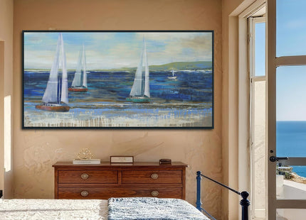 Acocifi Framed Nautical Sailboat Canvas Wall Art 48"x24", Blue Ocean Picture Print, Textured Impressionistic style Painting Large Artwork for Living Room Bedroom Dining Room Office Home Decor