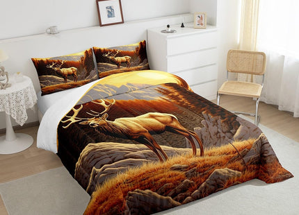Deer Hunting Quilt Queen,Anlter Hunter Bedding Set for Adults Men Boys Home Room Decor,Western Mountian Woodland Tree Duvet Insert Retro Rustic Country Cabin Lodge Comforter Set with 2 Pillowcases