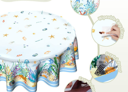 Imiss Nautical Round Table Cloth Coral Starfish Seashell Circle Tablecloth Wrinkle Resistant Washable Table Cover 60 Inch for Kitchen Dining Room Party Picnic
