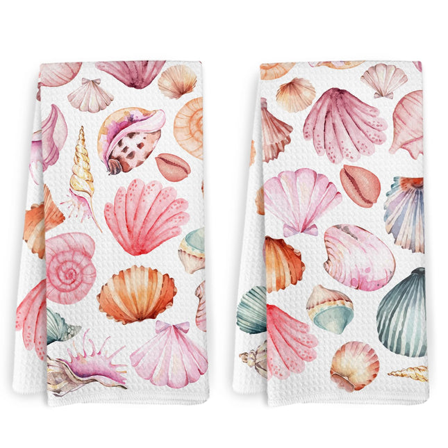 KFXHANGD Preppy Seashell Kitchen Towels and Dishcloths Set of 2, Coastal Cowgirl Dish Towels, Girls Bathroom Decor, Coastal Room Decor, Pink Decorative Hand Tea Towels for Girls Dorm,16×24 Inch