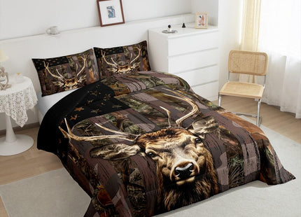 Deer Comforter Sets Full for Boys Kids Teen Men,American Flag Camo Bedding Sets Hunting Comforter Set Woodland Moose Wildlife forest Bed Set, With 1 Western Comforter 2 Country Pillowcases,Black Brown