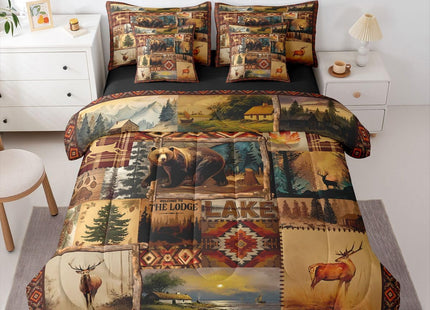 Feelyou Bear Comforter Set Twin Size 7 Pieces Rustic Cabin Lodge Country Bedding Set for Kids Girls Nature WildLife Bed in a Bag with Comforter, Sheets,Farmhouse WesternSouthwestern Plaid Grid Quilted