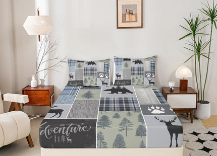 Rustic Patchwork Fitted Sheet, Checkered Buffalo Plaid Bedding Set for Kids Teens Adult, Woodland Wildlife Bear Moose Elk Pine Trees Pattern Printed Bed Sheets Farmhouse Decorations, Twin Size