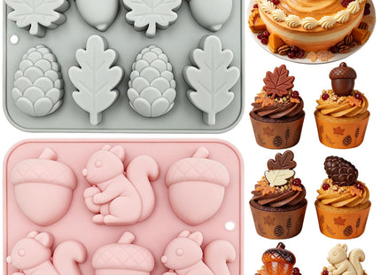 2 Pack Fall Silicone Molds, Thanksgiving Squirrel Acorn & Maple Pinecone Molds for Chocolate, Wax Melts, Soap & Epoxy Resin