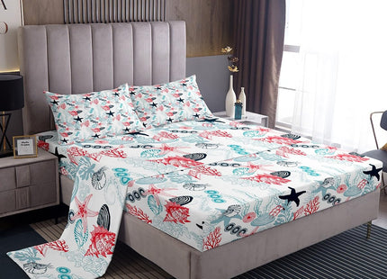 Ocean Beach Sheet Set Full Size,Seashell Conch Seahorse Starfish Coral Bed Sheet Sea Coastal Bedding Set for Kids Boys Girls Woman Room Decor Pink Blue White Fitted + Flat Sheet,2 Pillowcases