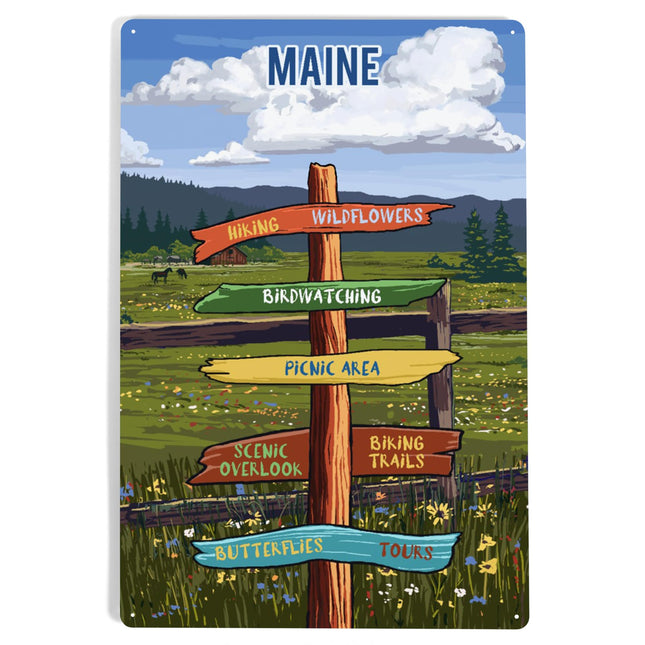 Lantern Press Maine, Signpost, Meadow, 12x18 Inch Aluminum Sign, Indoor or Outdoor Use