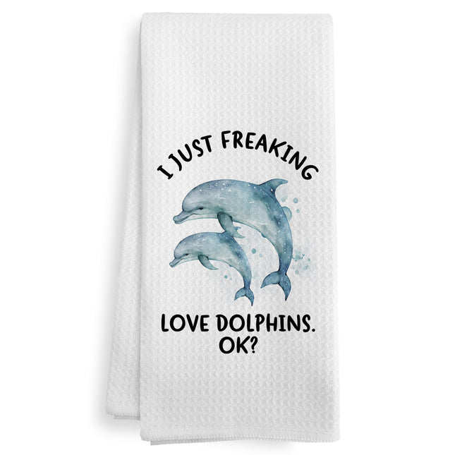 XNXLDYLH Funny Coastal Dolphin Hand Towels Gifts, Beachy Ocean Dolphin Bathroom Decor, Nautical I Just Freaking Love Dolphins Decor Dish Kitchen Hand Tea Towels for Bathroom Kitchen, 16x24 Inches