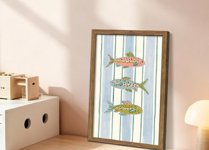 Coastal Fish Framed Canvas Wall Art, Nautical Fish Illustration Painting Print Picture, Kitchen Wall Decor Artwork Oil Painting for Dining Room Bathroom Living Room Lake House 12x16 Inch