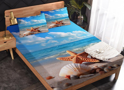 zcsm Queen Sheet Set - Beach Theme Bed Sheets, Starfish and Seashell Bedding Sheets & Pillowcases, Soft Microfiber & Deep Pocket & Wrinkle Free Sheet Set, 1 Fitted Sheet, 1 Flat Sheet, 2 Pillow Cases
